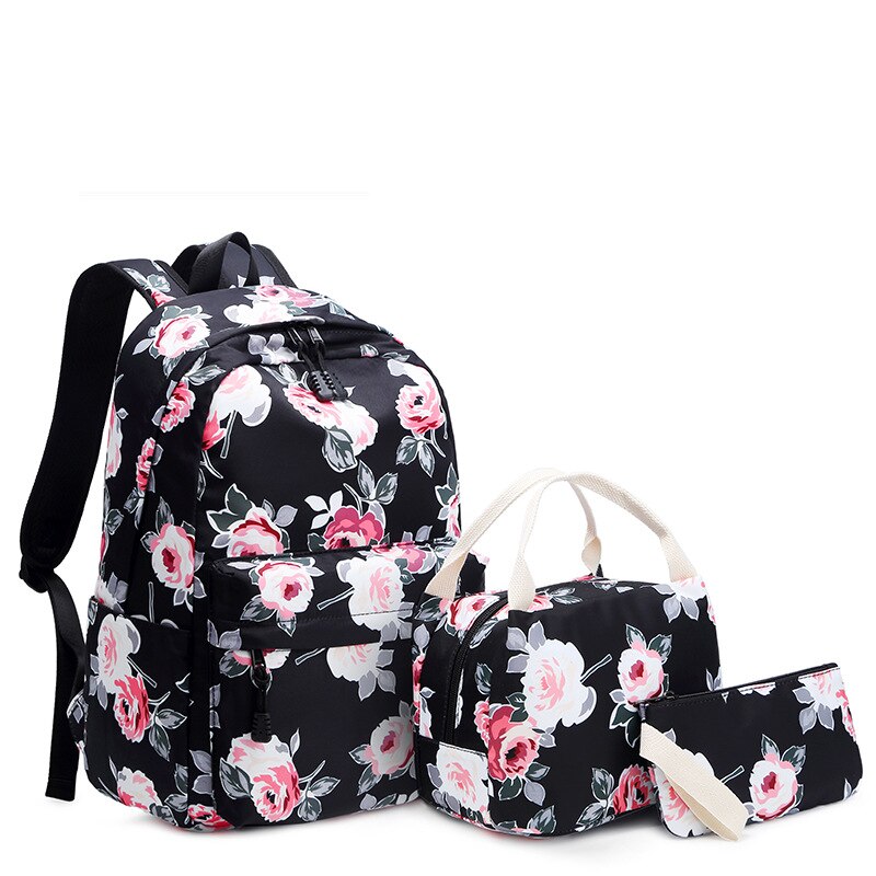 Meisjes Rugzak Bloem Printing School Rugzakken College School Tassen voor Tienermeisjes Boekentas Laptop Rugzak Travel Dagrugzak: Black Set
