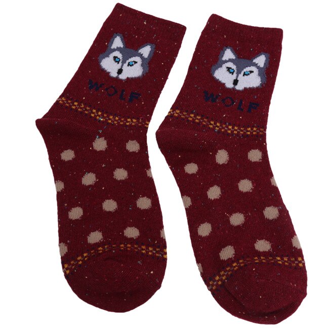 Spring winter thick wool cotton sport socks women yoga ski skateboarding socks Harajuku animal wolf Christmas sock female: wine red