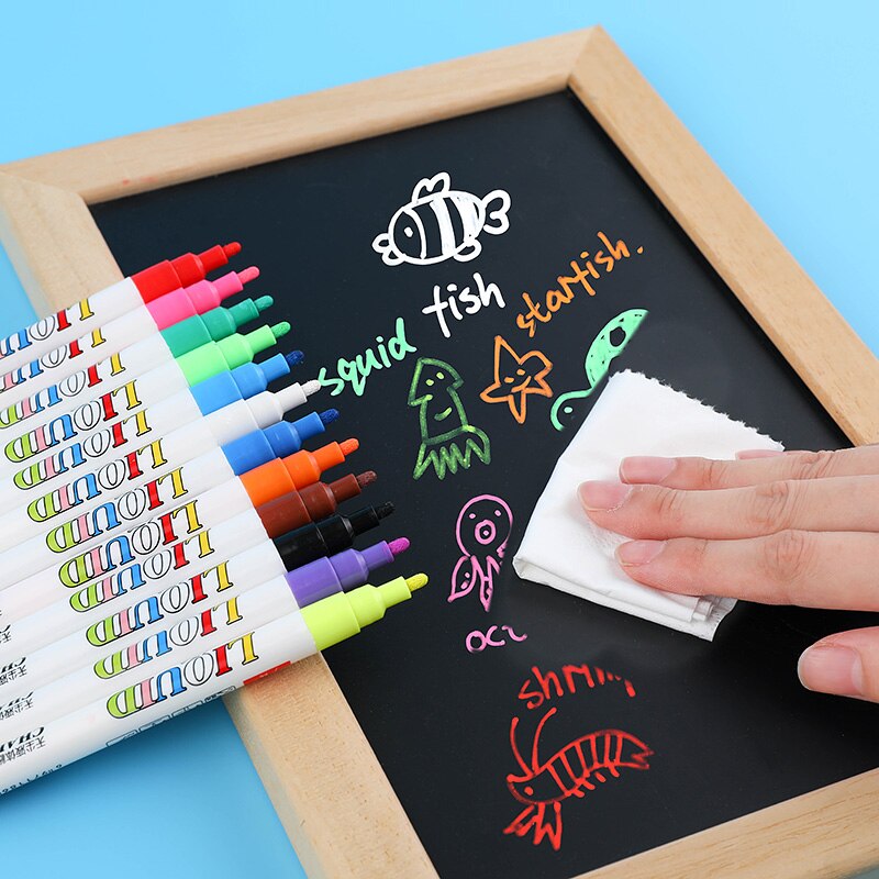 12 farve / sæt flydende sletbar kridtmarkørpen til glasvinduer tavlemærker undervisningsværktøjer kontormateriale escolar