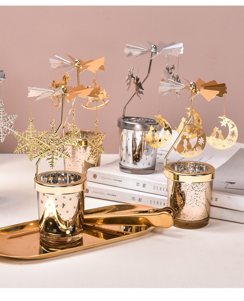 Spinning Rotating Metal Carousel Tea Light Candle Holder Lamp Christmas Candle Holder Decoration Decoration Candle