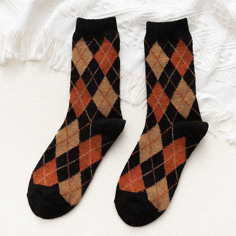 носки Women Socks Autumn Winter Thick Knit Warm Crew Socks Vintage Argyle Plaid Pattern Hosiery Preppy Style Happy Casual Socks: black