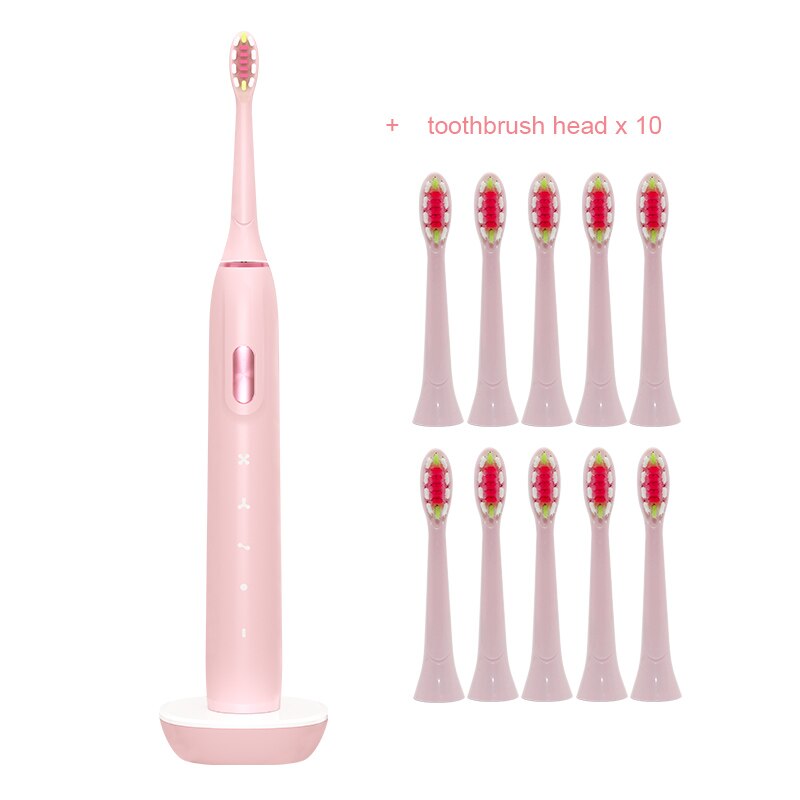 Cepillo de dientes eléctrico para adulto, cepillo de dientes eléctrico sónico con batería de 2000mAh para 90 días, carga USB, resistente al agua, 45000 veces/min: Pink 10 brush head