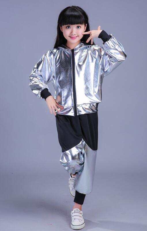 Mädchen Jungen Gold Silber Ballsaal Jazz Hüfte hüpfen tanzen Wettbewerb Kostüm Art Kleidung Kleidung Hoodie Shirt oben Hosen Tanzen Tragen: Silber- A / 120