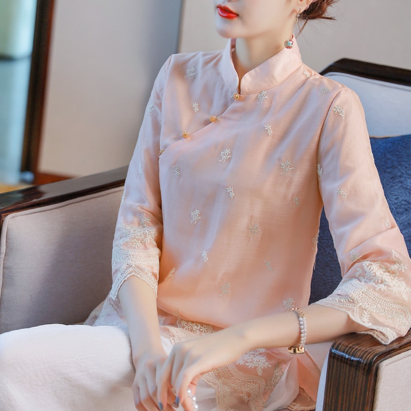 Blusa estilo Cheongsam Vintage para mujer, ropa china con bordado de manga 3/4, para primavera y otoño
