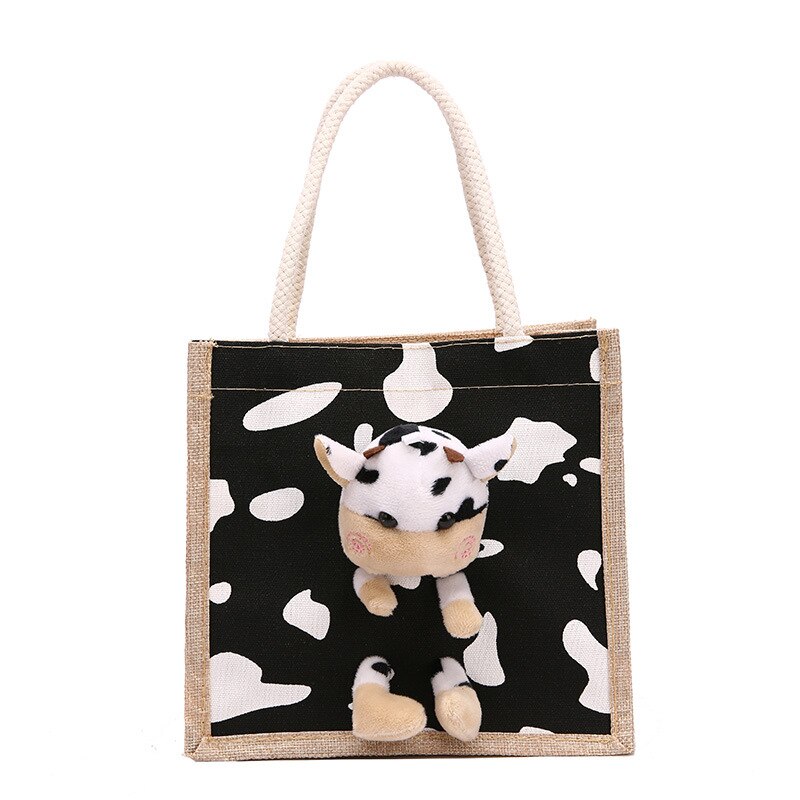 Cute Calf Canvas Bag Women's Portable Graffiti Lunch Bag Trendy Cute Internet Celebrity Lunch Box Handbag: Black spots