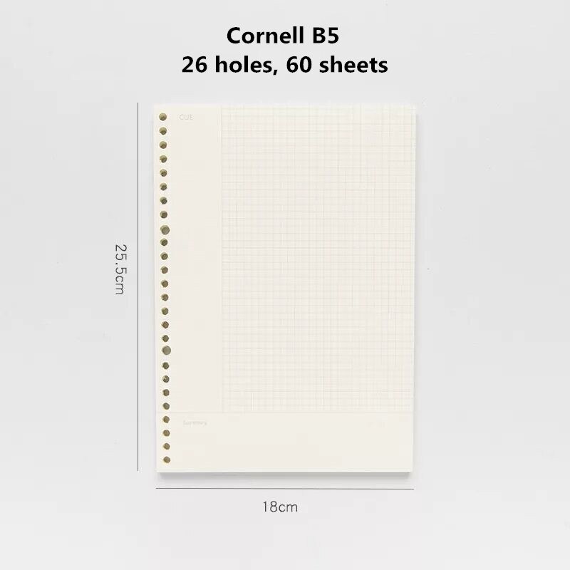 Minkys 60 ark  b5 26 ringar lösa anteckningsböcker diy linje / rutnät / cornell agenda separator sida skolpapper: Cornell refillpapper