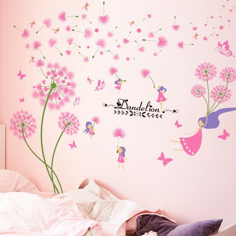 Cartoon Girl Wall Stickers DIY Dandelions Flowers Wall Decor Decals for Living Room Kids Bedroom Kitchen Nursery Home Decoration