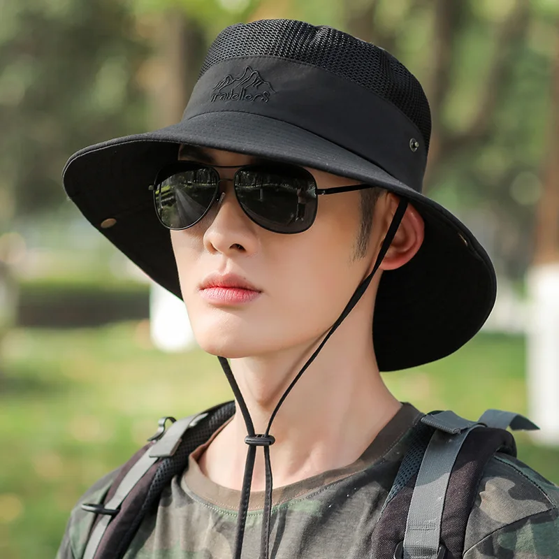 Chapeaux pour hommes et femmes Chapeau de pêche portable – Chapeau de soleil en maille respirante pour l'extérieur, la randonnée et la protection UV Léger pliable: Black