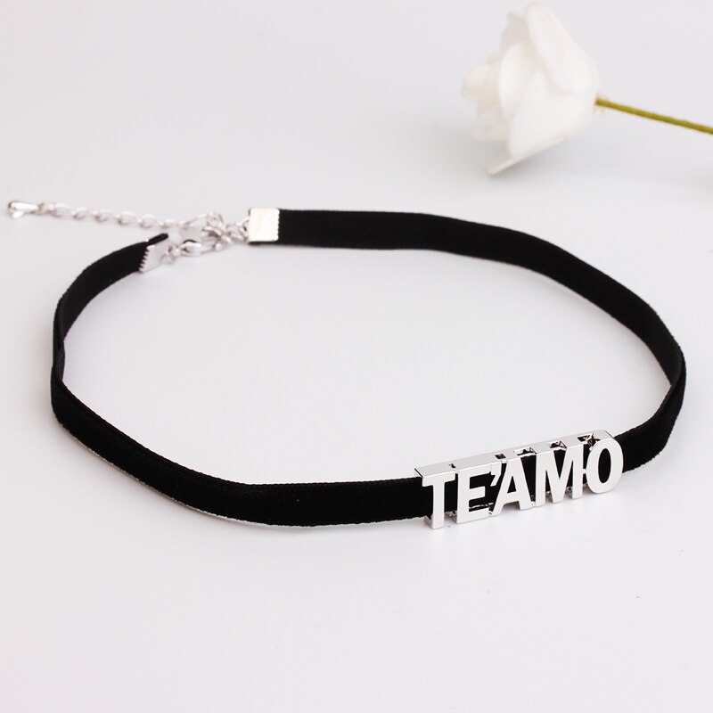 Black Velvet RIbbon Letter Choker Necklace For Women Gold Chocker Necklaces Punk Statement Collar Trendy Jewelry: Imitation Rhodium Plated