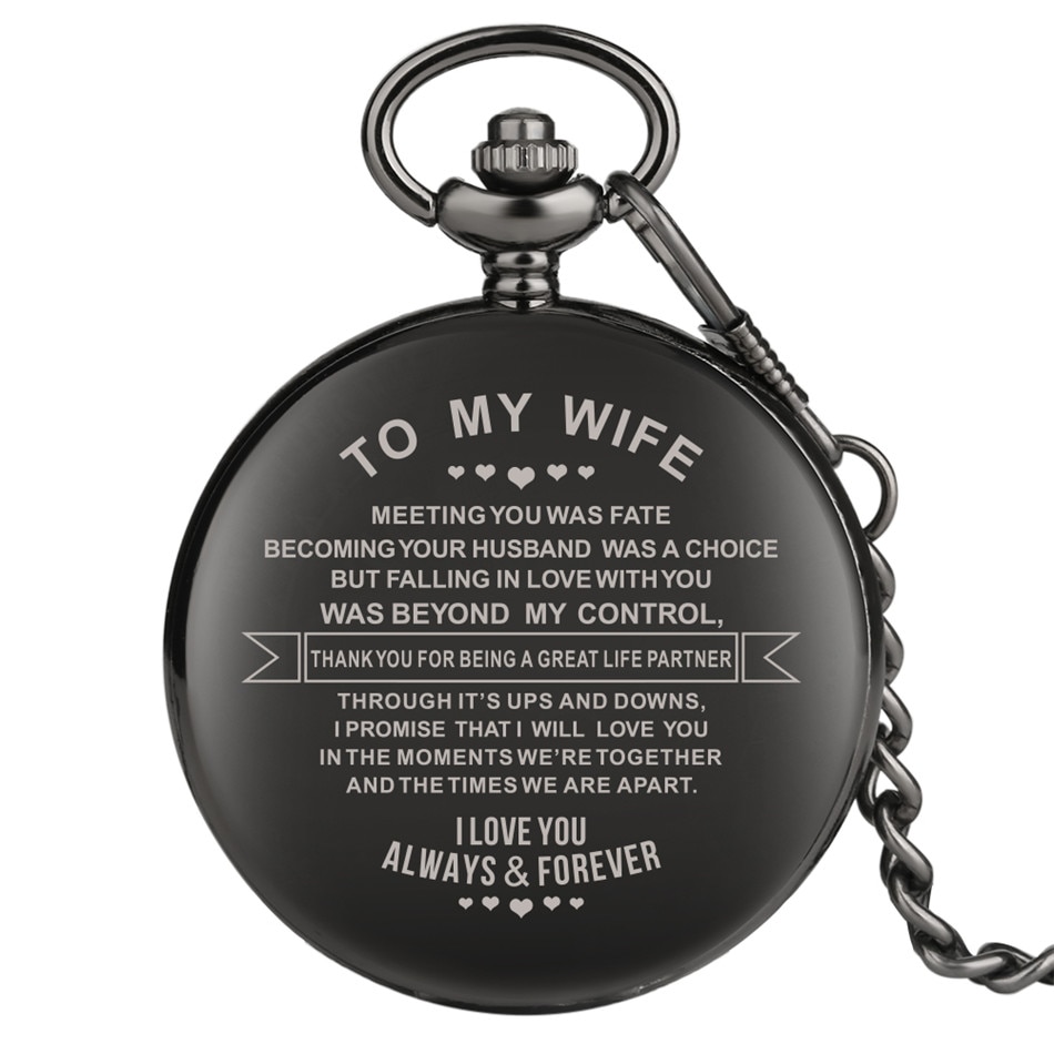 To My Wife Engraving Custom Retro Quartz Pocket Watch Anniversary Couples Arabic Numerals Display Pendant Clock