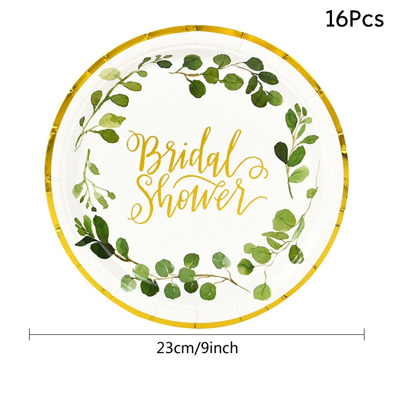 Bruids Douche Dispodable Servies Goud Groene Bladeren Papieren Borden Cups Bruiloft Vrijgezellenfeest Thuis Tafel Decoratie Benodigdheden: B02