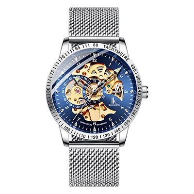 Ik färglägg herrklockor mesh flätat band i rostfritt stål automatisk mekanisk manlig klocka skelett steampunk relogio masculino: A4