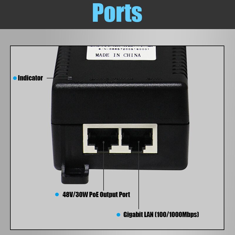 XINFI Gigabit 30W PoE Injector gigabite POE Power Supply Adapter Standard IEEE802.3at/af Output DC48V 30W 1,2(+)/3,6(-)