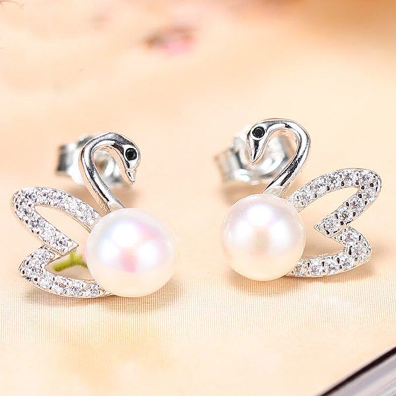 DMCSFP005 6-7 Mm Zwaan Vorm Parel Sieraden Sets Echte 925 Sterling Zilveren Zwaan Parel Hanger/Oorbellen Voor vrouwen: White earrings