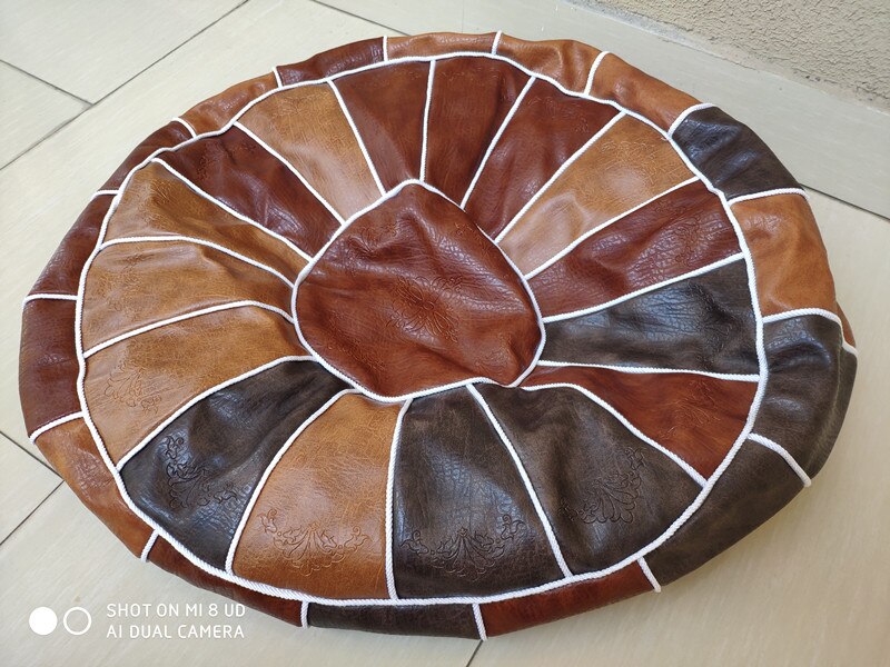 Moroccan PU Leather Pouf Embroider Craft Hassock Ottoman Footstool Round Large 50*50*30cm Artificial Leather Unstuffed Cushion