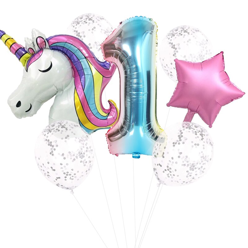 7 st regnbåge unicorn party ballonger unicorn födelsedagsdekoration nummer ballong barn födelsedagsfest dekoration för tjejer: 1 enhörning