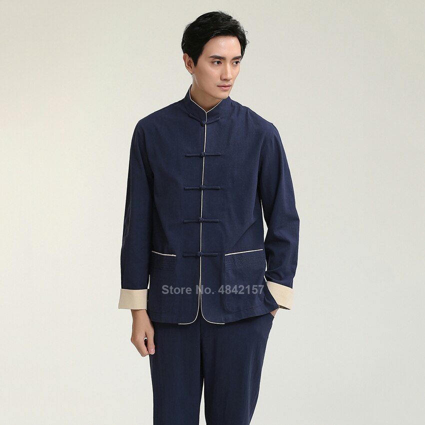 Tops Hanfu de estilo chino para hombres, traje Tang de manga larga de lino, chaqueta, uniforme de Tai Chi, ropa Wushu, camisas Vintage, cuello levantado
