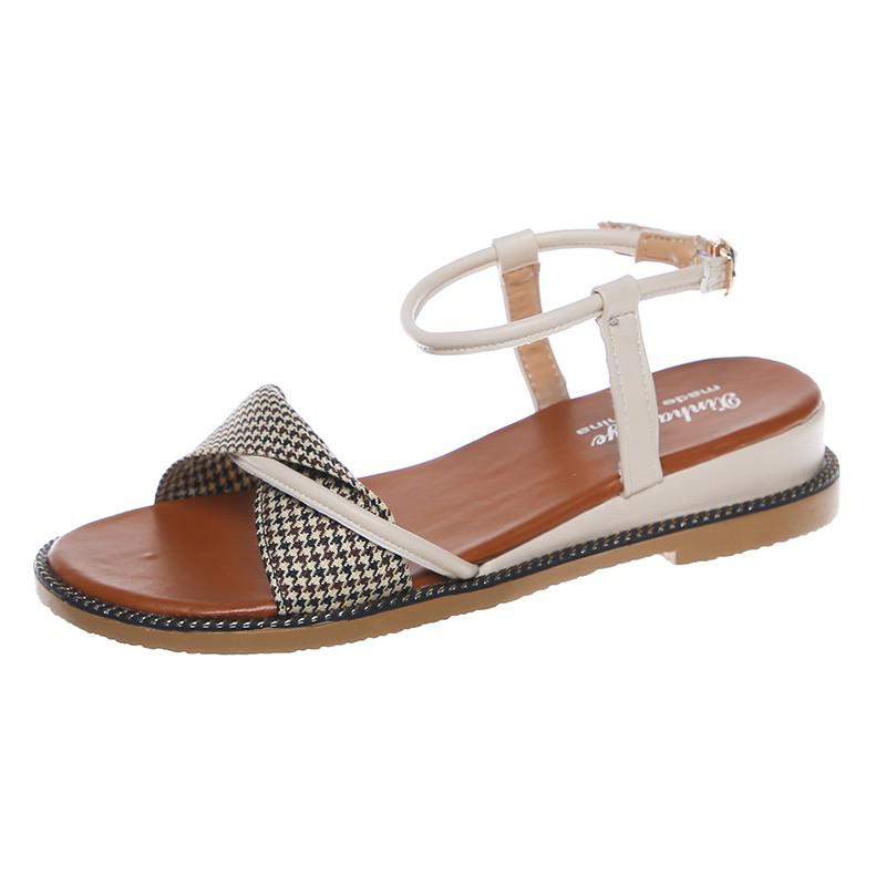 Dam sandaler snörning platt spänne sandaler tofflor dam högklackat tofflor runda huvuden sandaler festskor storlek 35-40: Beige / 37