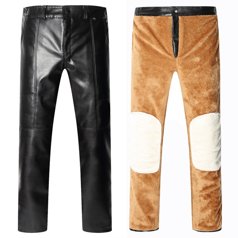 Winter zwarte motorbroek van pu-leer, grote maten, donzig, dik, warm, lang, casual, kunstleren motorbroek, herenbroek
