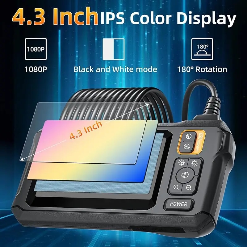 Industrielle Endoskop-Inspektionskamera, 4,3 Zoll IPS HD 1080P, einzelnes Doppelobjektiv, Endoskop-Kanalkamera, IP67, wasserdichte Schlangenkamera