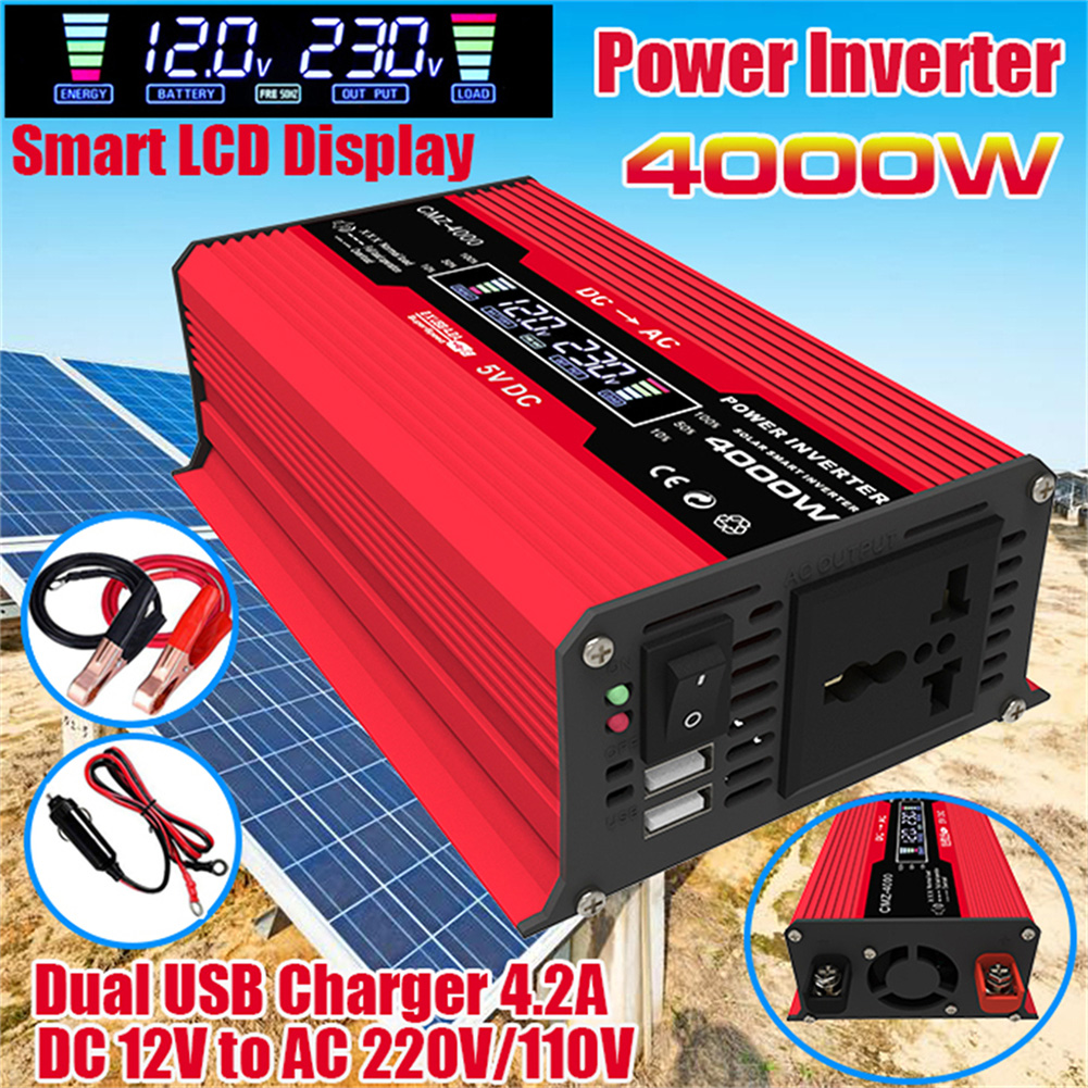 Inversor de energía Solar para coche, convertidor de onda sinusoidal pura, Panel Solar, USB Dual, 4000W, cc 12V a CA 110V/220V