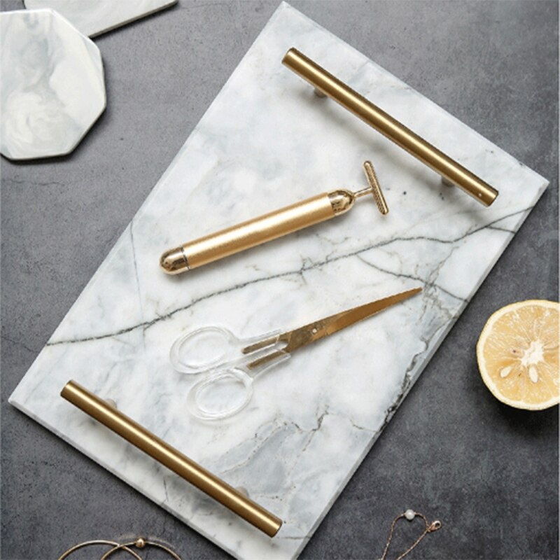Nordisk stil gullbelagt håndtak keramisk marmorbrett oppbevaringsbrett oppbevaringstavle kake desserttallerken sushi tallerken smykker display tr