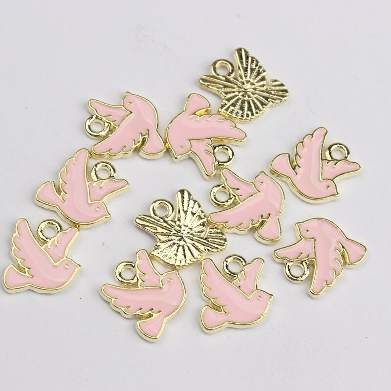 Mini pendentifs en forme de colombe de la paix, 30 pièces/lot, en alliage de Zinc, émail, 10mm: pink