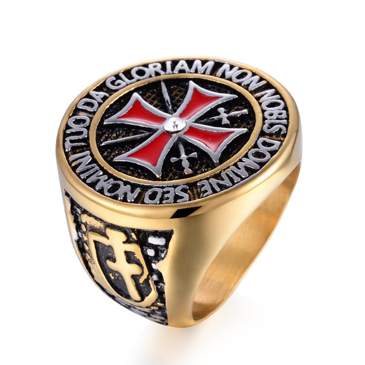 Anillo cruzado de acero inoxidable para hombre, Cruz Roja con incrustaciones de circonia cúbica, joyería de los caballeros templarios dominantes,: 8 / AJZ2