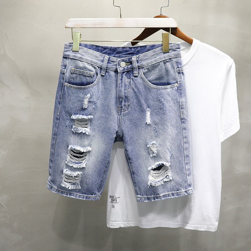 Summer Male Ripped Hole Destroyed Light Blue Denim Shorts Streetwear Jeans Five Points Pants Comfortable Men Clothing: 28