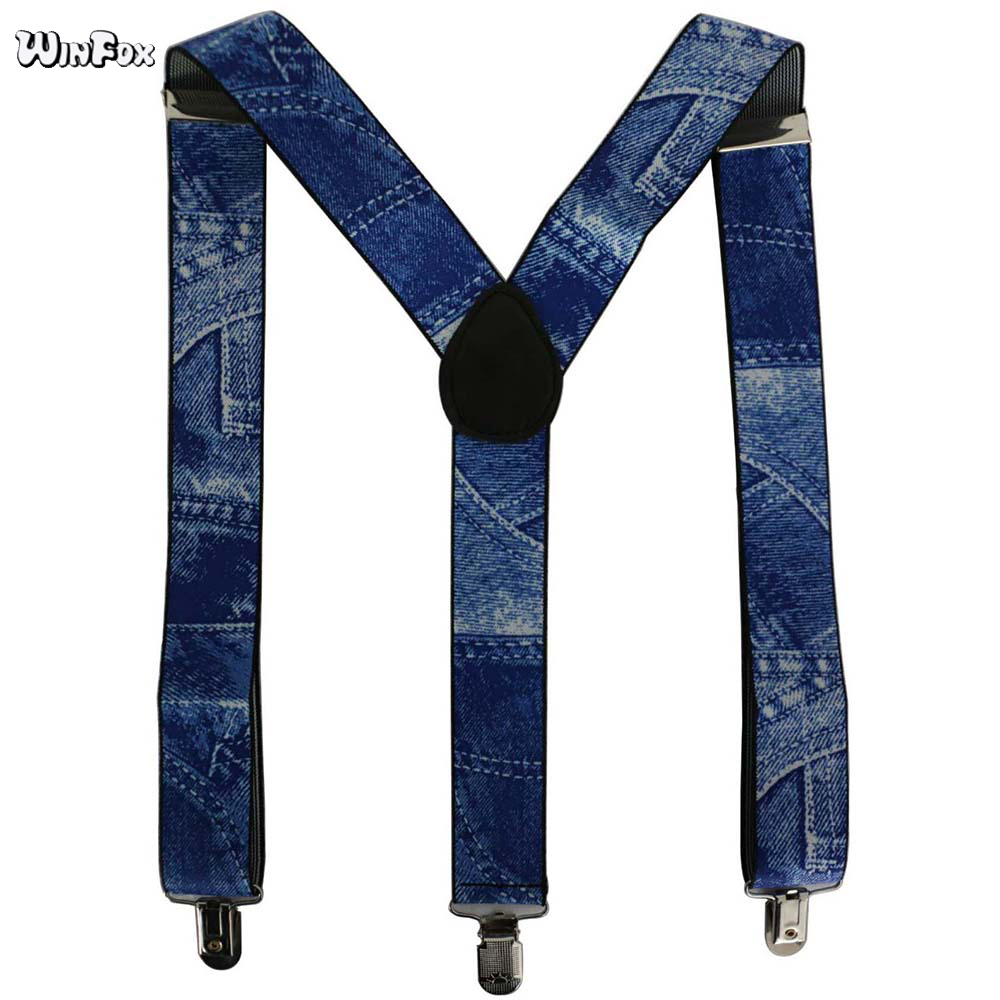 Winfox 3.5cm brede justerbare seler til mænd 3 clips denimblå elastiske seler til mænds seler