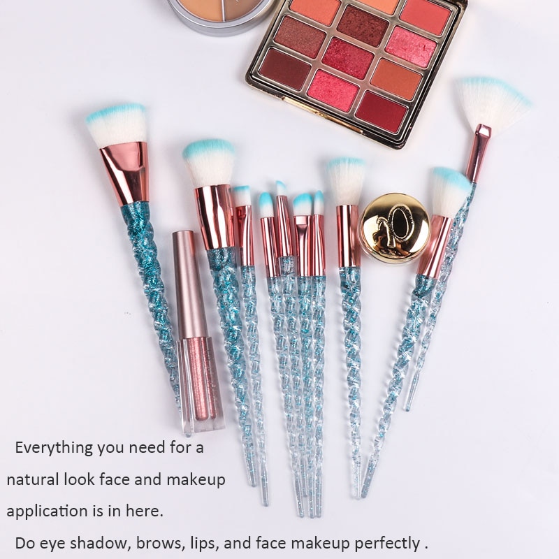 Dighealth – ensemble de pinceaux de maquillage licorne, lot de 10 pièces, professionnels, poignée en spirale, cristal, poudre de fond de teint, outils cosmétiques