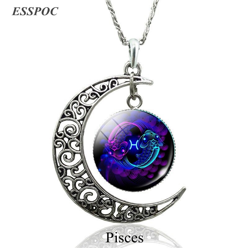 12 sterrenbeelden Hanger Crescent Moon Ketting Weegschaal Schorpioen Steenbok Waterman vissen Sterrenbeelden Ketting Vrouwen Sieraden: Pisces