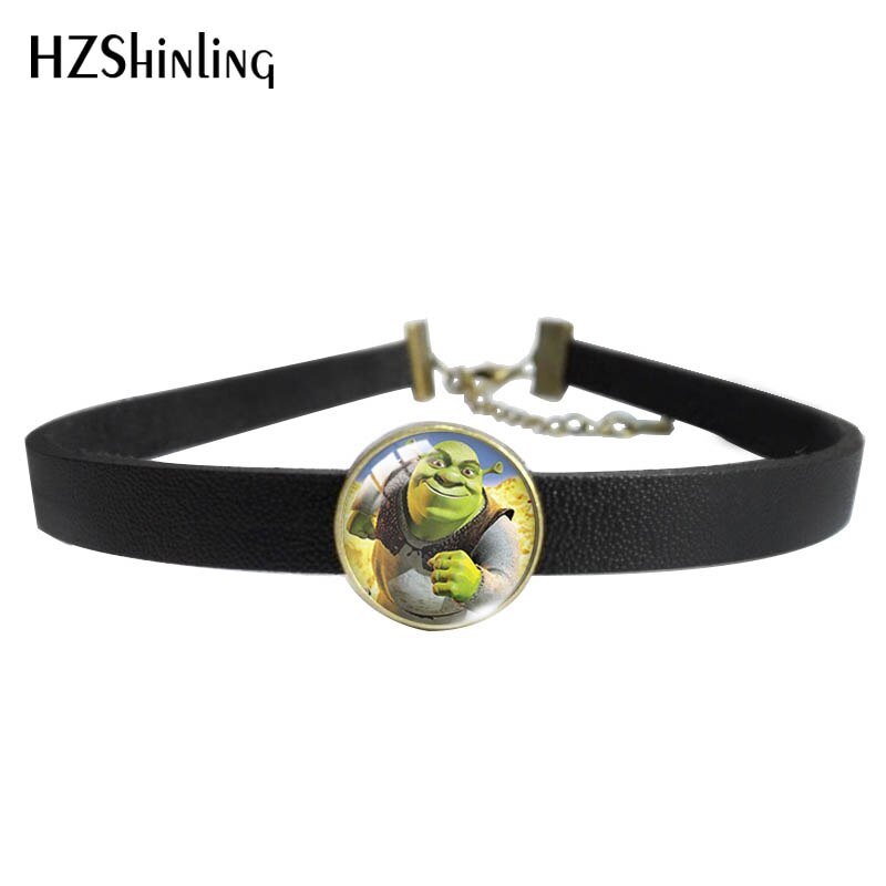 Shrek Donkey Leather Choker Necklace Glass Cabochon Dome Pendants Jewelry for Cos Girls: 2 / Brown