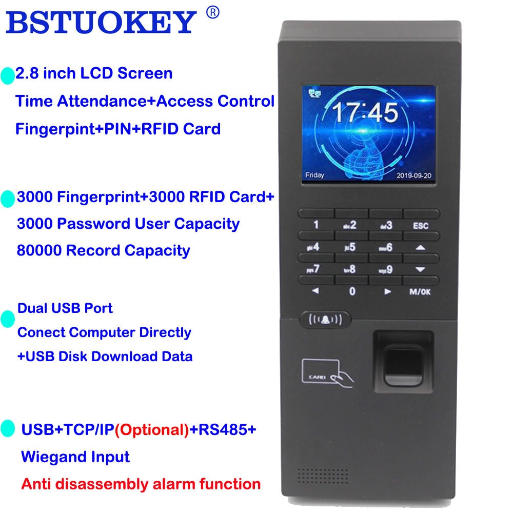 2.8inch 3000User 125Khz RFID Biometric Fingerprint Time Clock Access Control Keypad Electronic USB TCP/IP RS485 Time Attendance