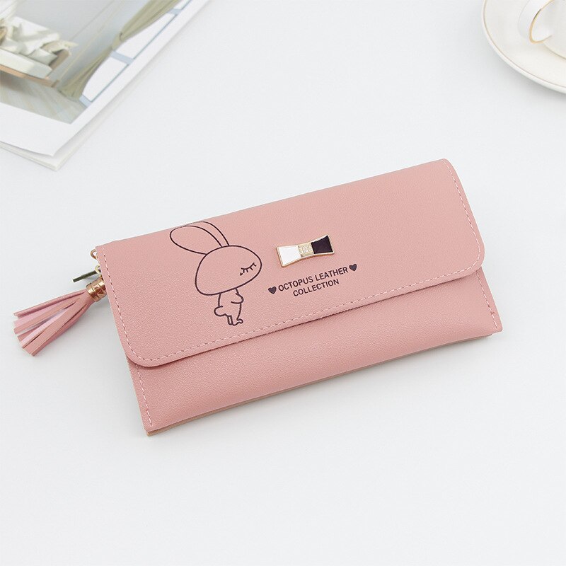 Carteira feminina longa carteira feminina bolsas borla moeda bolsa titular do cartão carteiras feminino couro do plutônio bolsa de dinheiro embreagem carteira de couro do plutônio: Pink