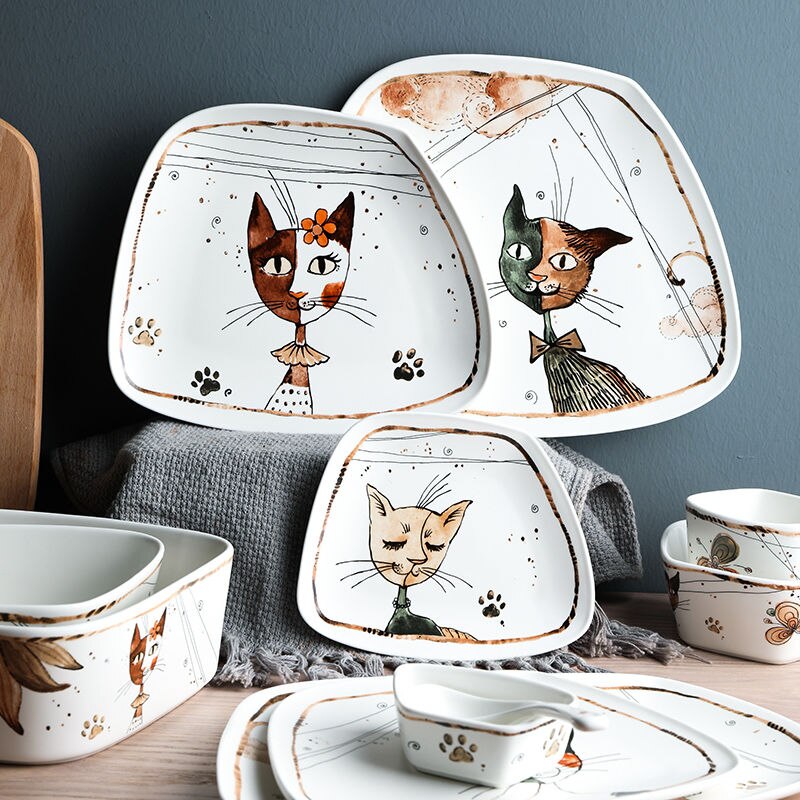 Tazones de cerámica con dibujos de gatos, vajilla y platos para el hogar, sopa, fideos, fruta, carne, porcelana, plato especial, juego de vajilla