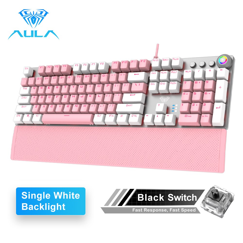 AULA Mechanical Gaming Keyboard White-Light 104 Anti-ghosting Blue/Black Switch Wired Backlight Keyboard for PC Gamer English: Pink-black