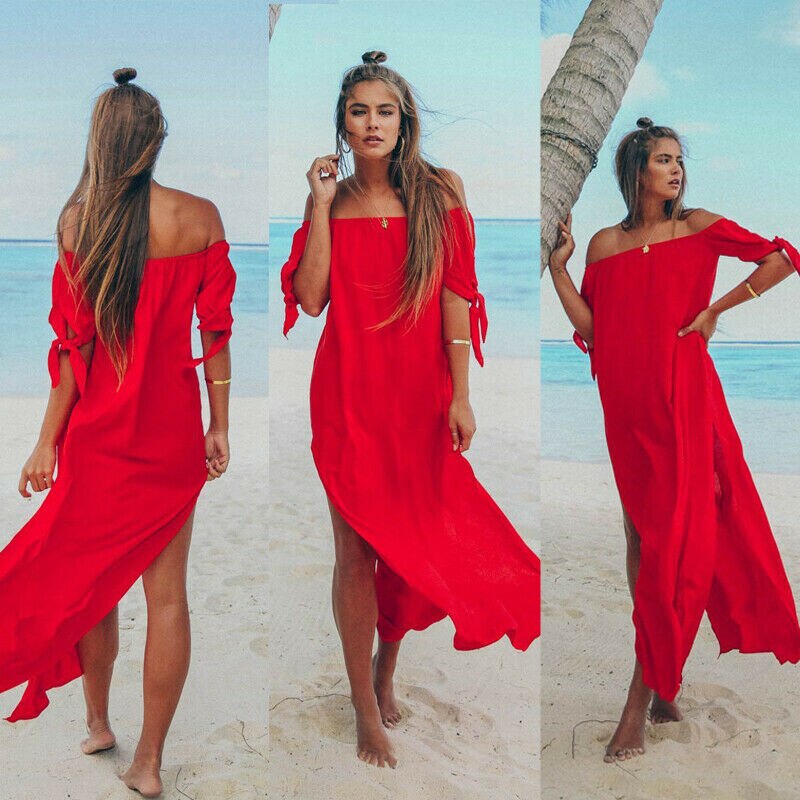 cover up beach woman Maxi Summer Beachwear Long Dress Off Shoulder Beach Summer Cover-Ups robe de plage