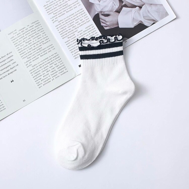 Calcetines mujer divertidos crossfit niña altos cortos largos antideslizante Calcetines con volantes kawaii para mujer, ropa de calle de algodón, color blanco, estilo coreano: 3