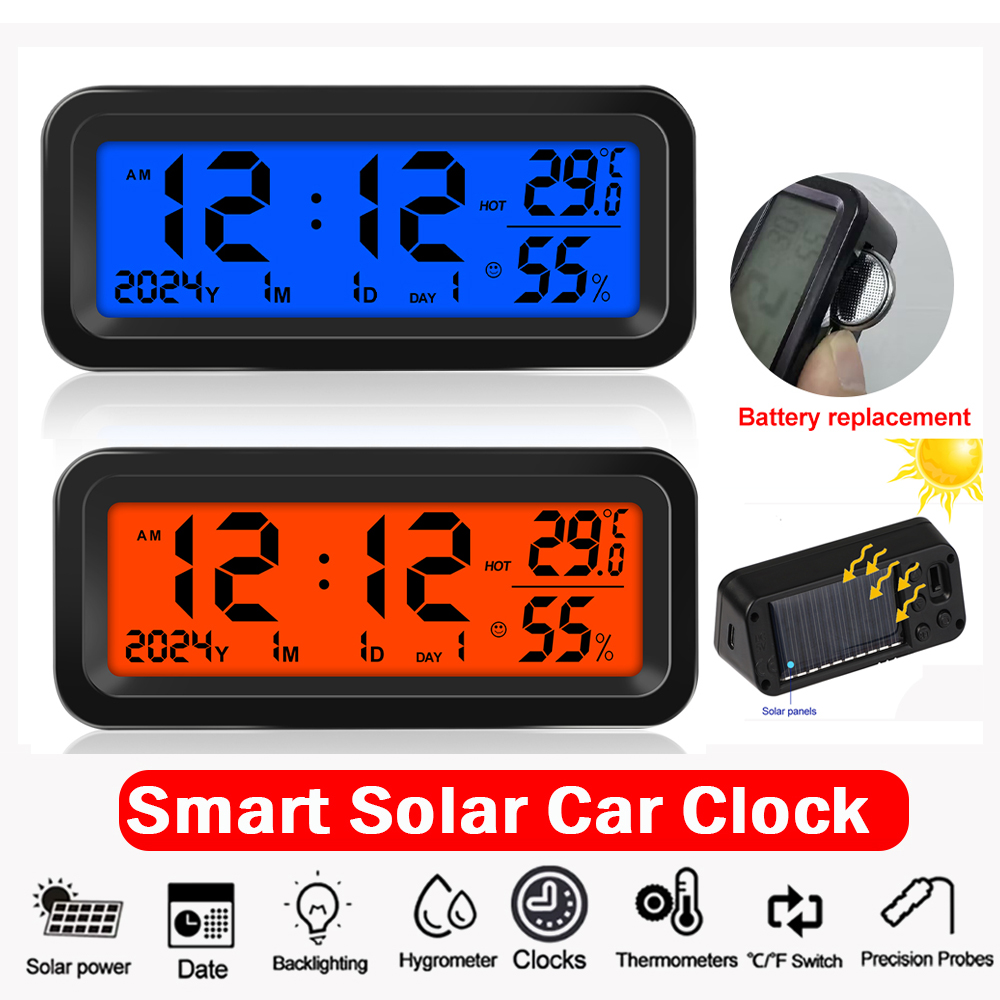 Digitale zonne-auto klok Datum Week Temperatuur Vochtigheid LCD-achtergrondverlichting Display voor dashboard Autoklok Auto's Intern Stick-On: Goud