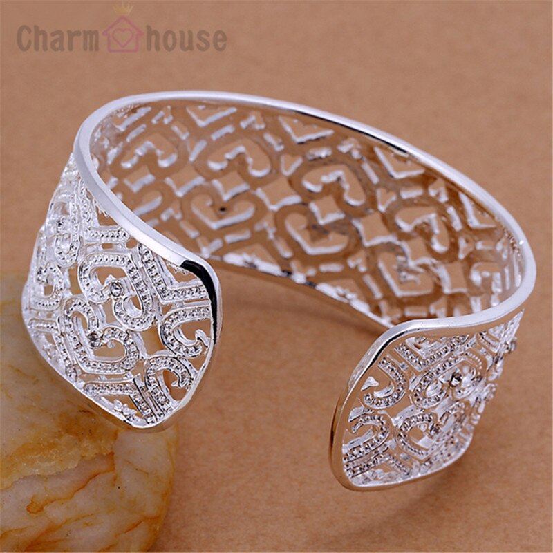 Bracelet manchette argent 925 pour femmes bijoux de luxe large cristal coeur amour bracelets femme accessoires Pulseira