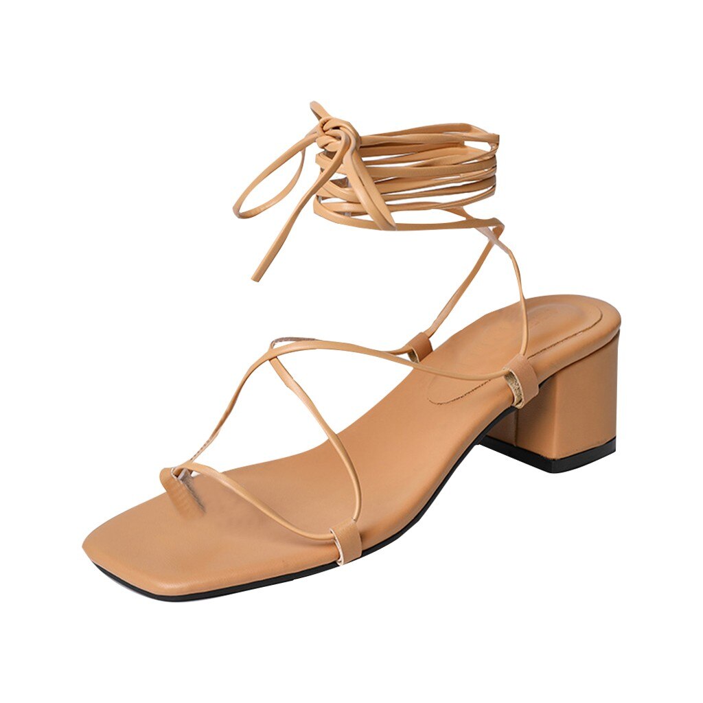 Women Square toe Heels Cross Ankle Strap Tie Tip Toes Sandals Hoof Heels Med Summer Beach Party Shoes Casual Sandals