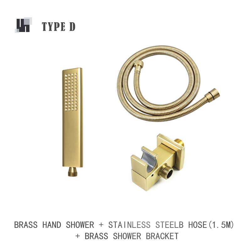 Brushed Gold Hand Shower Bathroom Handhold Water Saving Shower Head Round Square Wall Mount Holder Shower Hose Bath Hand Sprayer: Type D Whole Set