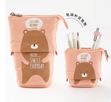 Cartoon kat telescopische etui tas opvouwbare staande houder kinderen etui canvas intrekbare studenten flexibele pennendoos: Beer