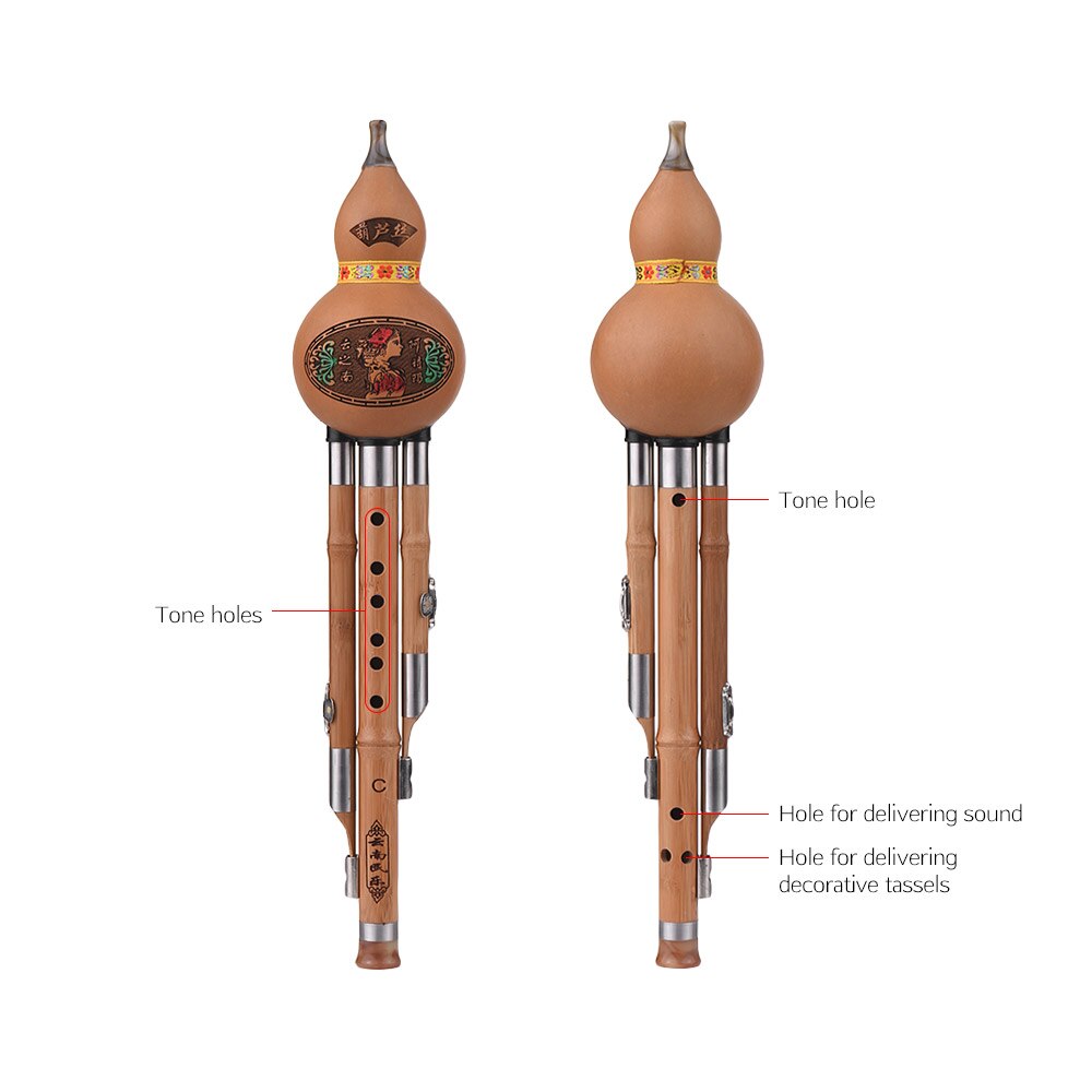 Trible c-key Hulusi-botella de flauta Cucurbit, tubos de bambú, calabaza, instrumento tradicional chino con nudo chino, estuche de transporte