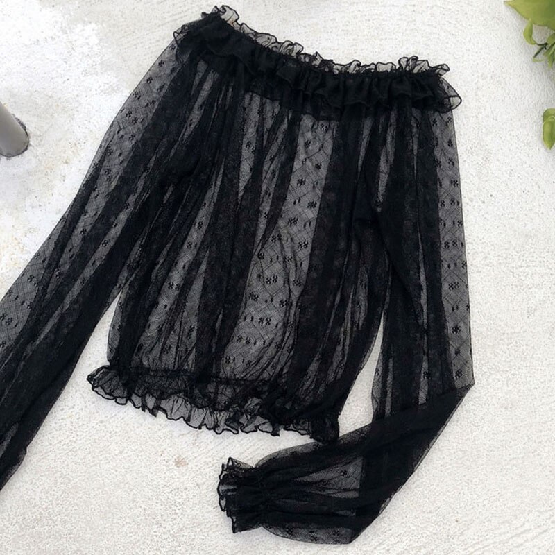 Blanco negro Top Lolita mujeres encaje de volantes Base de malla camisa de manga larga de las niñas traje de Kawaii japonés estilo ropa femenina