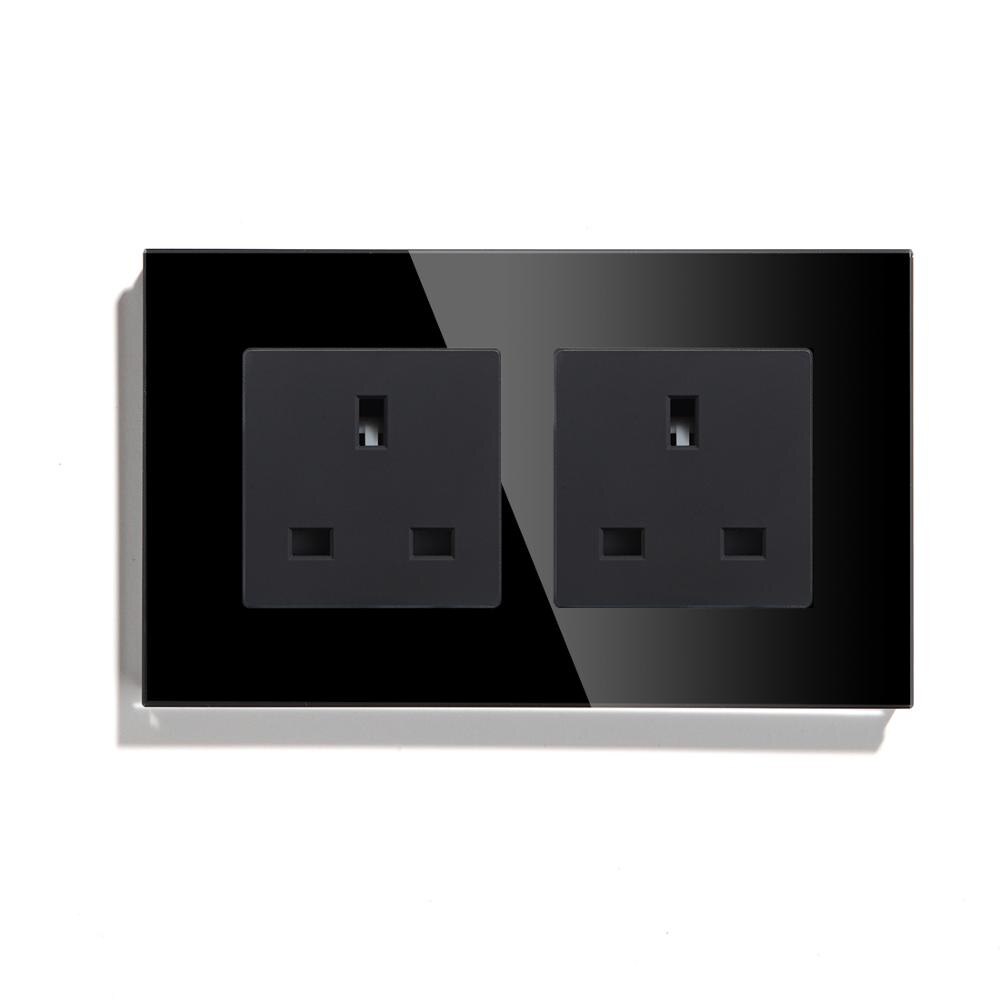 BSEED UK Standard Double Socket Wall Socket 110V-250V White Black Gloden Crystal Glass Panel 146*86mm: Black