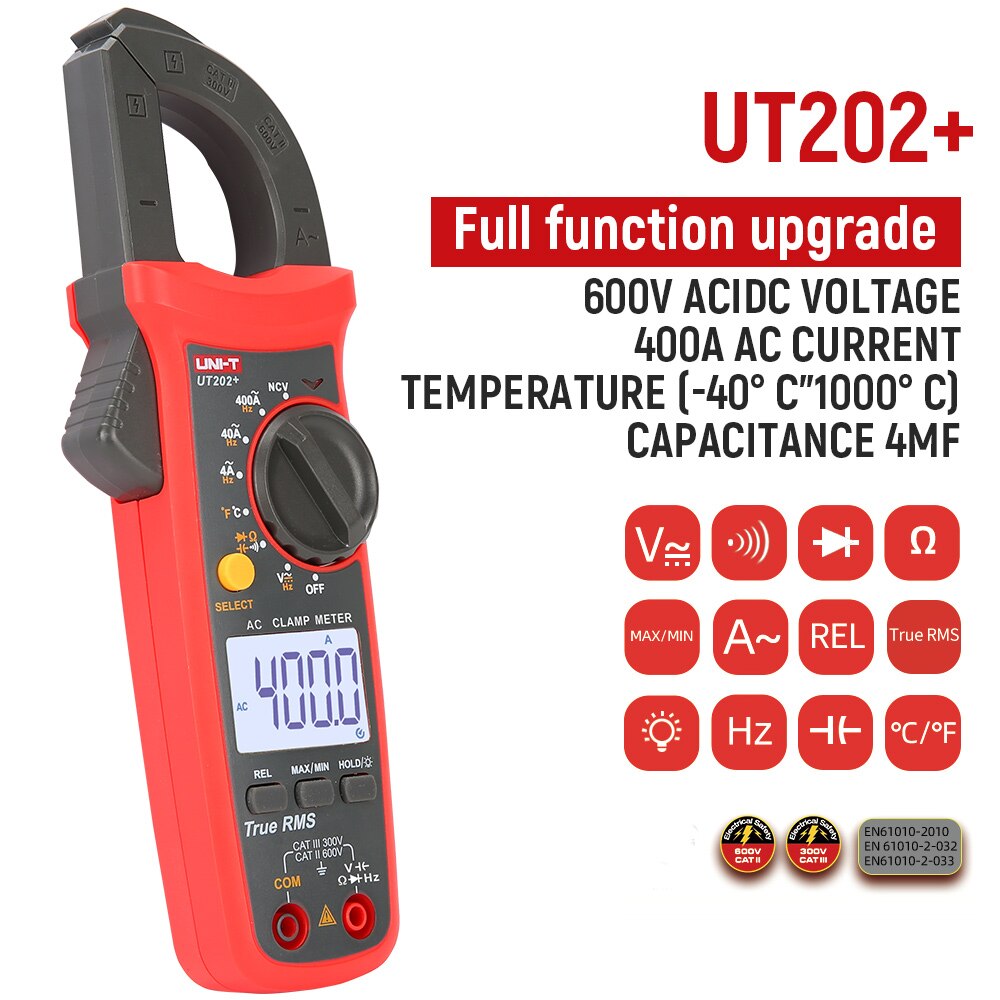 UNI-T UT201+ Digital Clamp Meter UT202+ UT203+ UT204+ UT202A+ 400-600A True RMS Automatic Range High Precision Multimeter Tester: UT202 pro