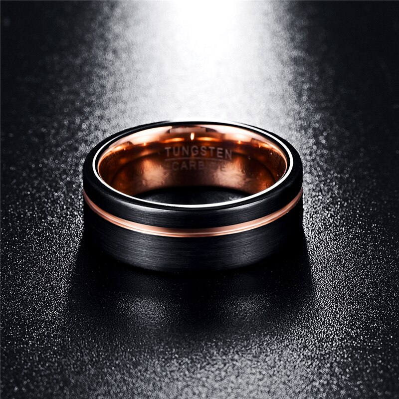 Fishion 8Mm Wide Zwart Dunne Rose Gouden Lijn Mannen Ring 100% Tungsten Carbide Ring Mannelijke Wedding Bands Sieraden