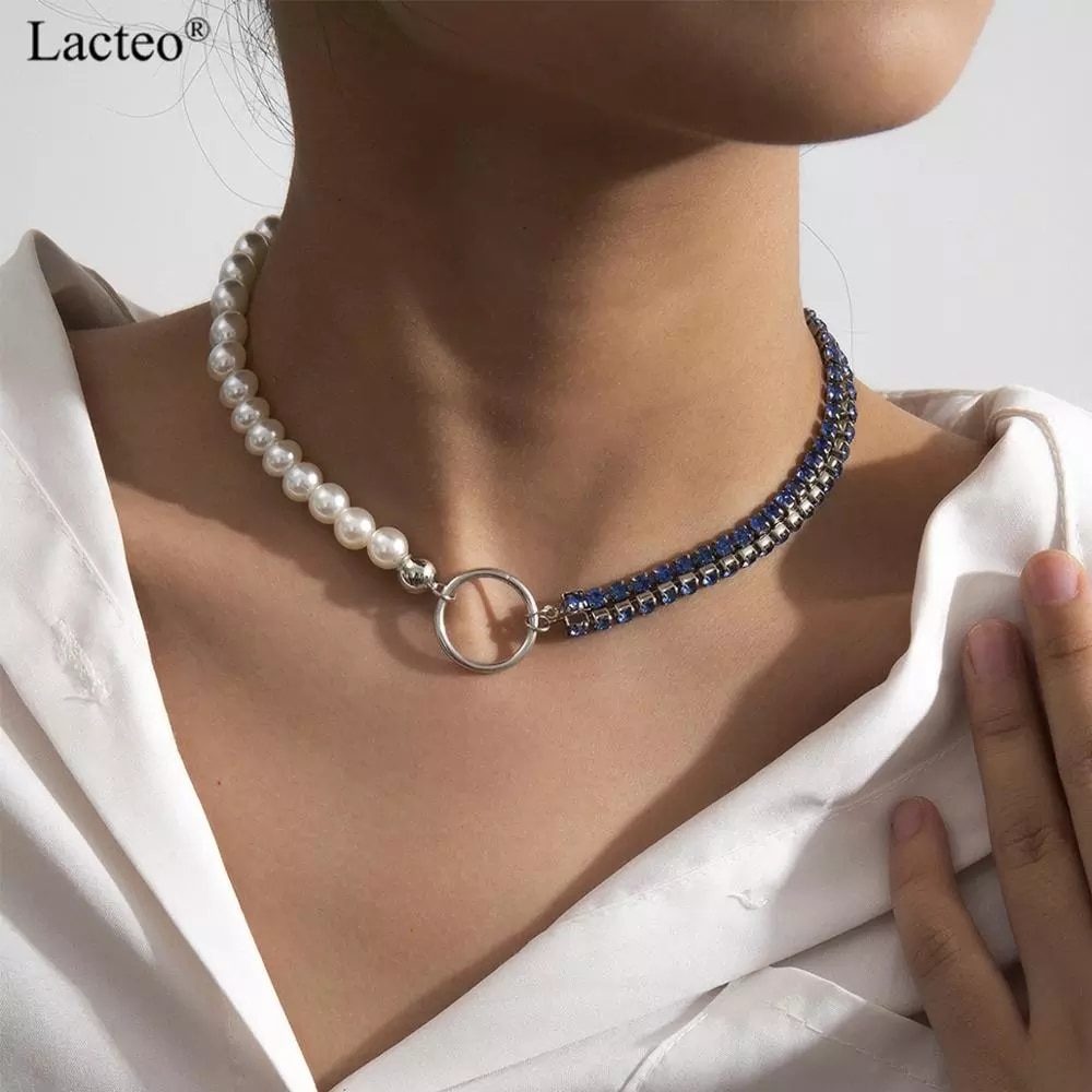 Lacteo Shiny Sexy Colorful Rhinestone Chain Choker Necklace for Women Bohemian Imitation Pearl Clavicle Chain Charm Necklace